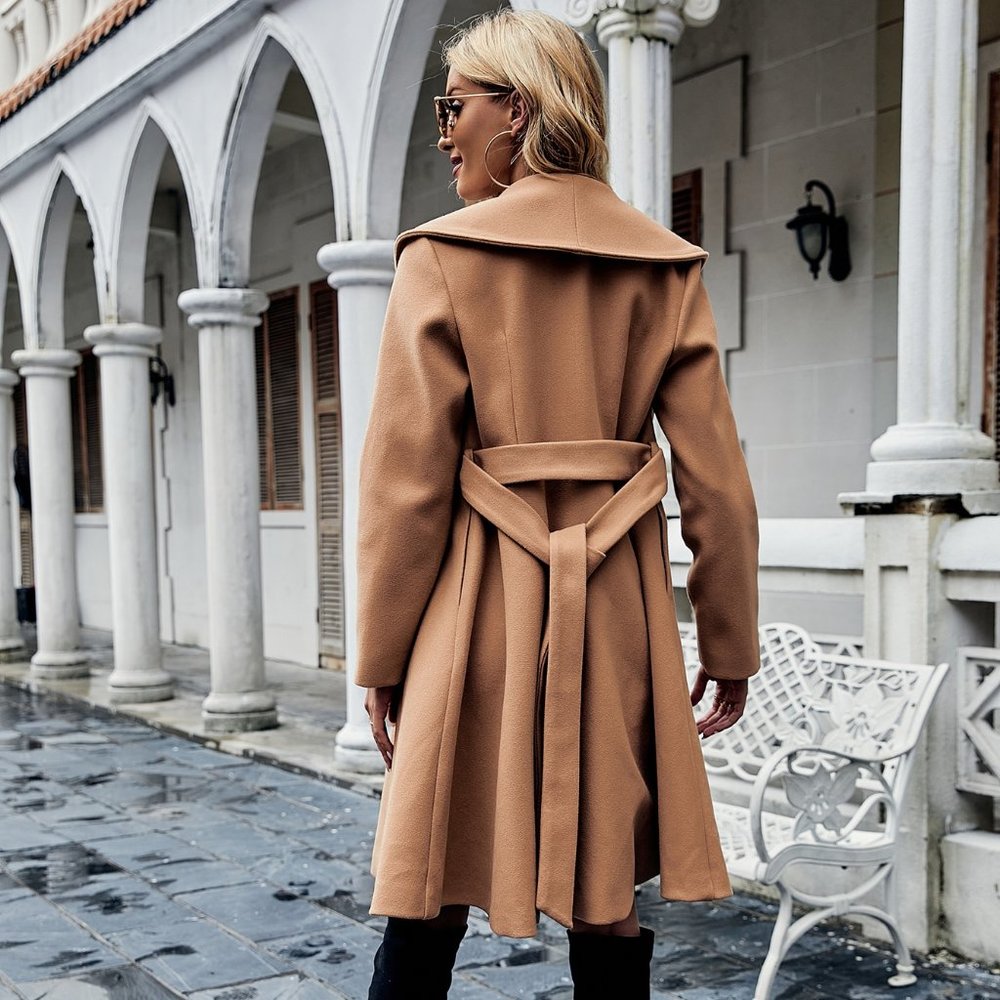 New Shawl Collar Double Button Belted Overcoat Camel - Picture 3 of 7